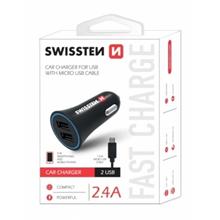 SWISSTEN CAR CHARGER 2,4A POWER WITH 2x USB + CABLE MICRO USB